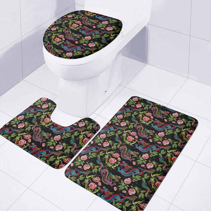Chinese Dragon Flower Pattern Print 3 Piece Bath Mat Set