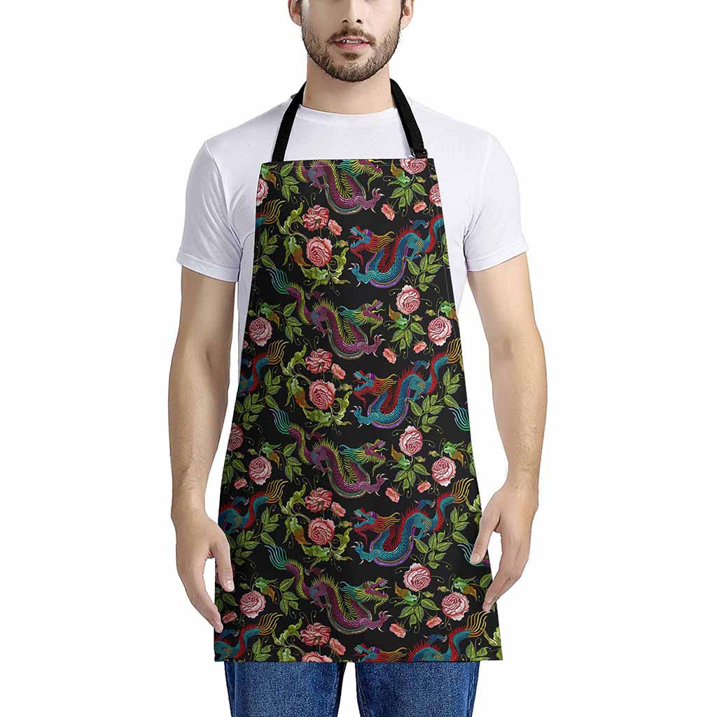 Chinese Dragon Flower Pattern Print Apron