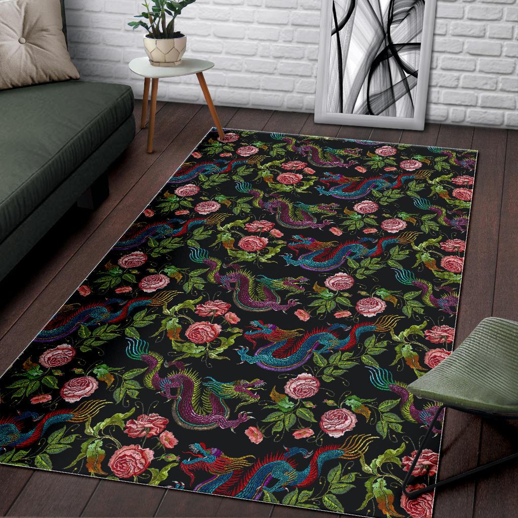 Chinese Dragon Flower Pattern Print Area Rug GearFrost