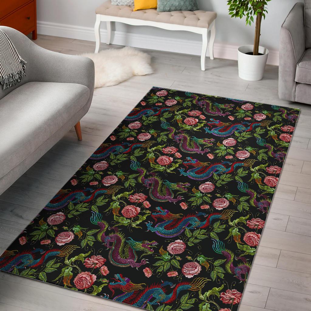 Chinese Dragon Flower Pattern Print Area Rug GearFrost