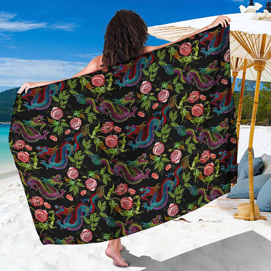 Chinese Dragon Flower Pattern Print Beach Sarong Wrap