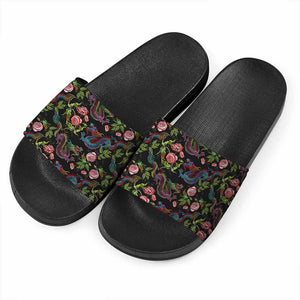 Chinese Dragon Flower Pattern Print Black Slide Sandals