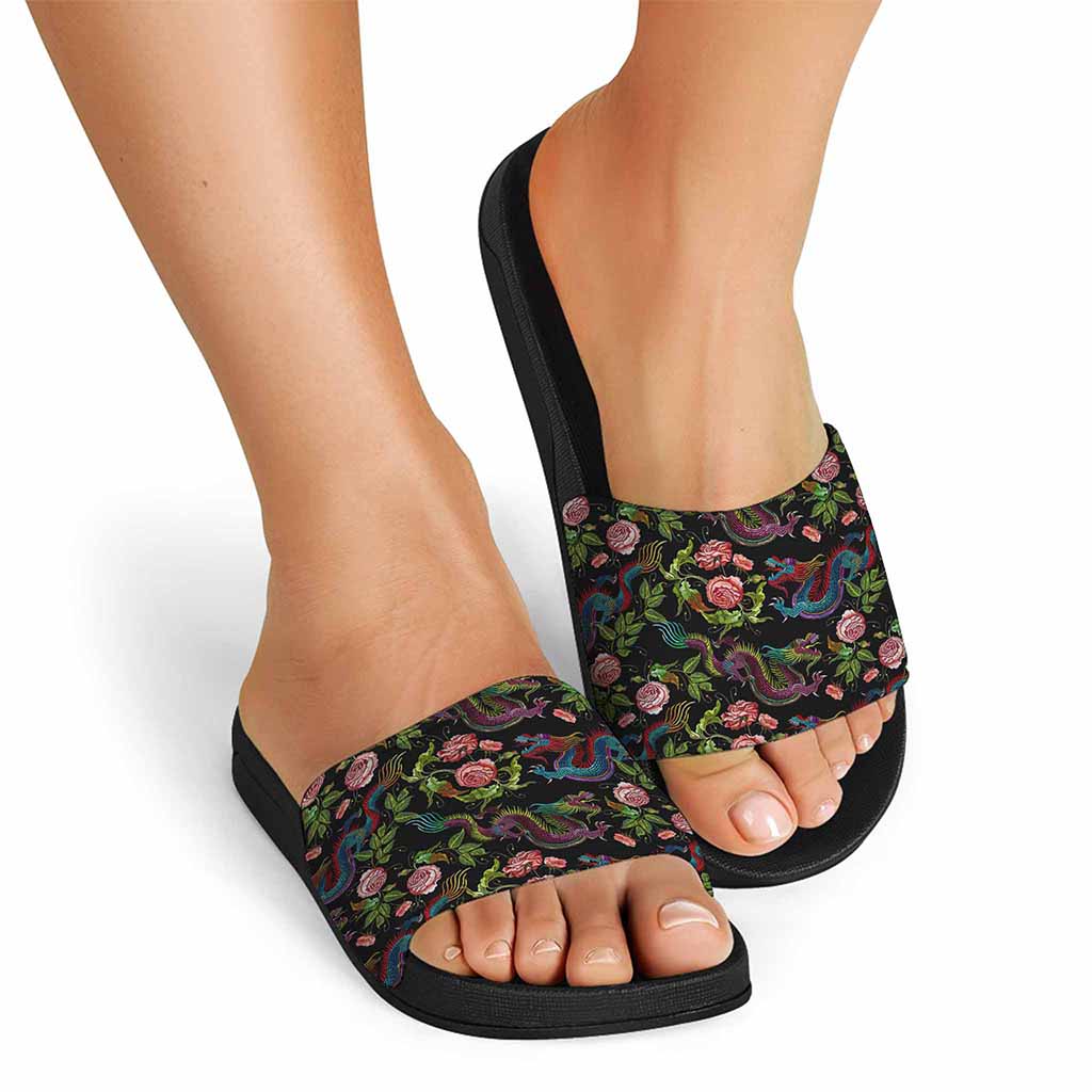 Chinese Dragon Flower Pattern Print Black Slide Sandals