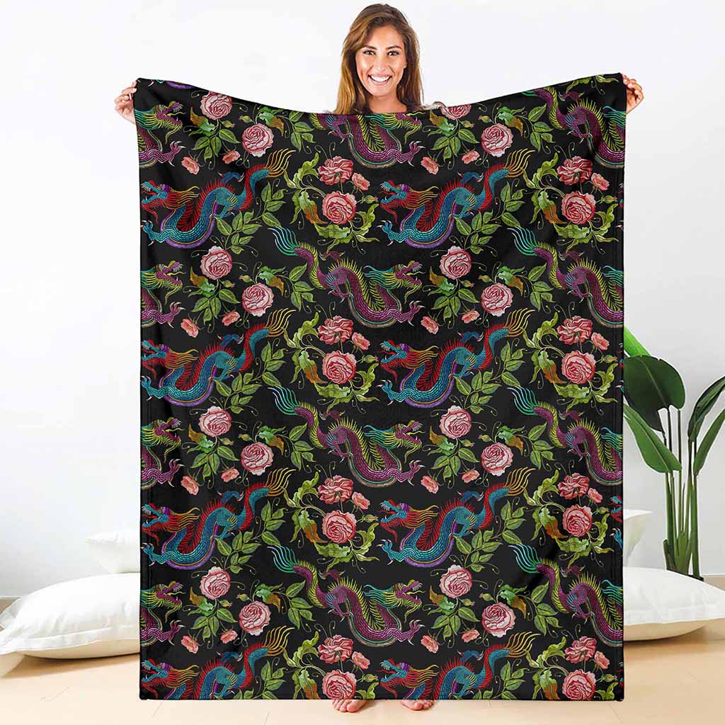 Chinese Dragon Flower Pattern Print Blanket
