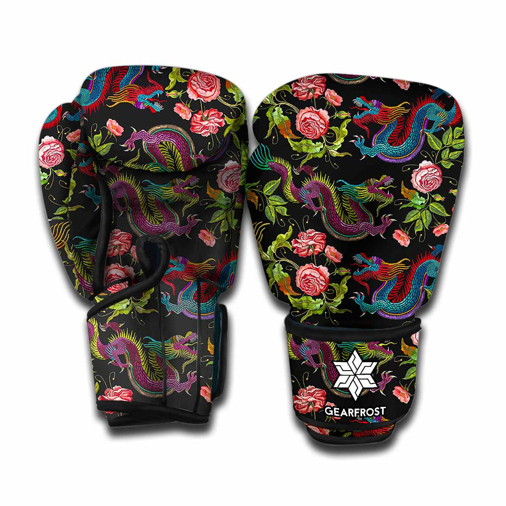 Chinese Dragon Flower Pattern Print Boxing Gloves