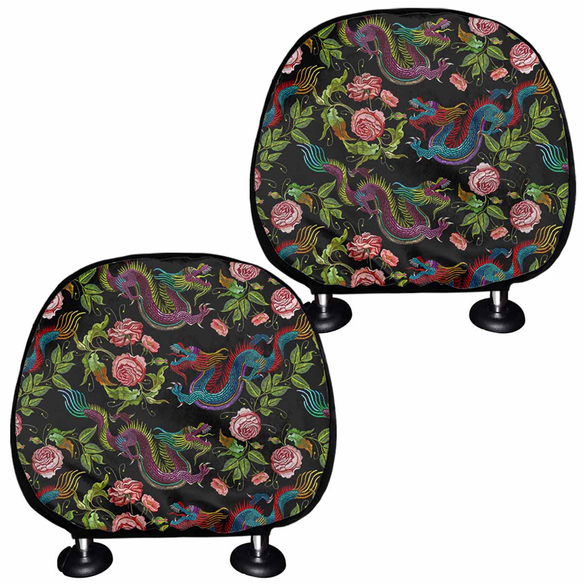 Chinese Dragon Flower Pattern Print Car Headrest Covers
