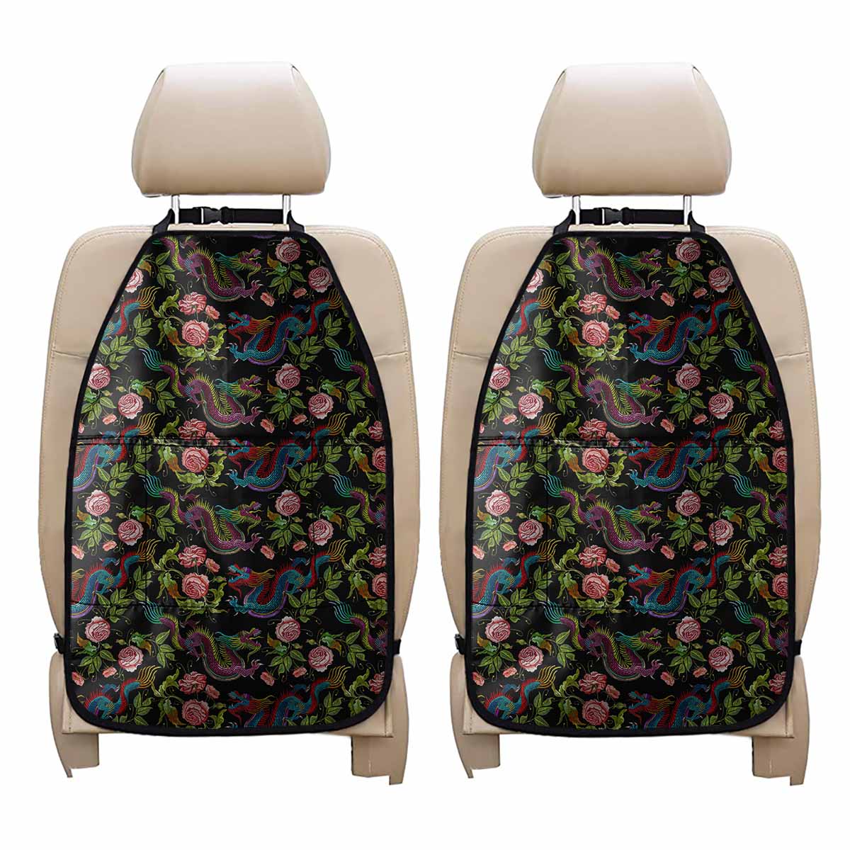 Chinese Dragon Flower Pattern Print Car Seat Organizers