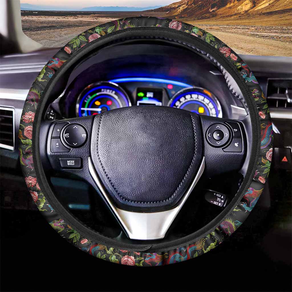 Chinese Dragon Flower Pattern Print Car Steering Wheel Cover