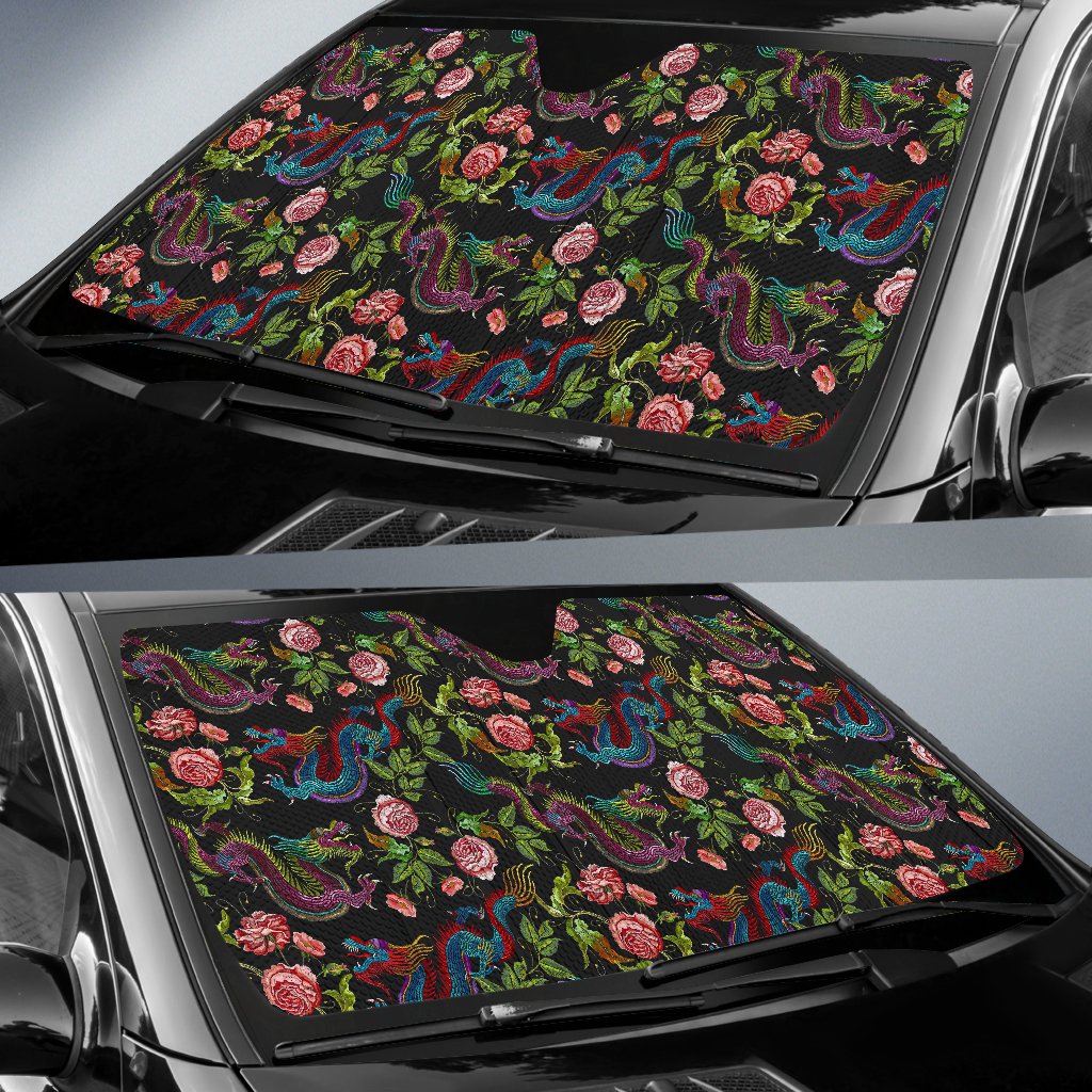 Chinese Dragon Flower Pattern Print Car Sun Shade GearFrost