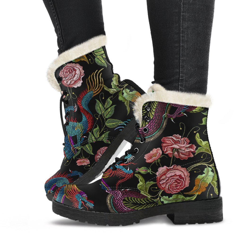 Chinese Dragon Flower Pattern Print Comfy Boots GearFrost