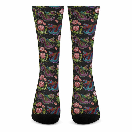 Chinese Dragon Flower Pattern Print Crew Socks