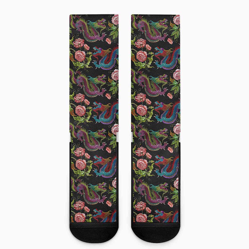 Chinese Dragon Flower Pattern Print Crew Socks