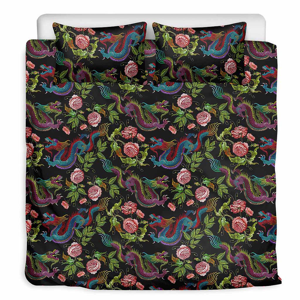 Chinese Dragon Flower Pattern Print Duvet Cover Bedding Set