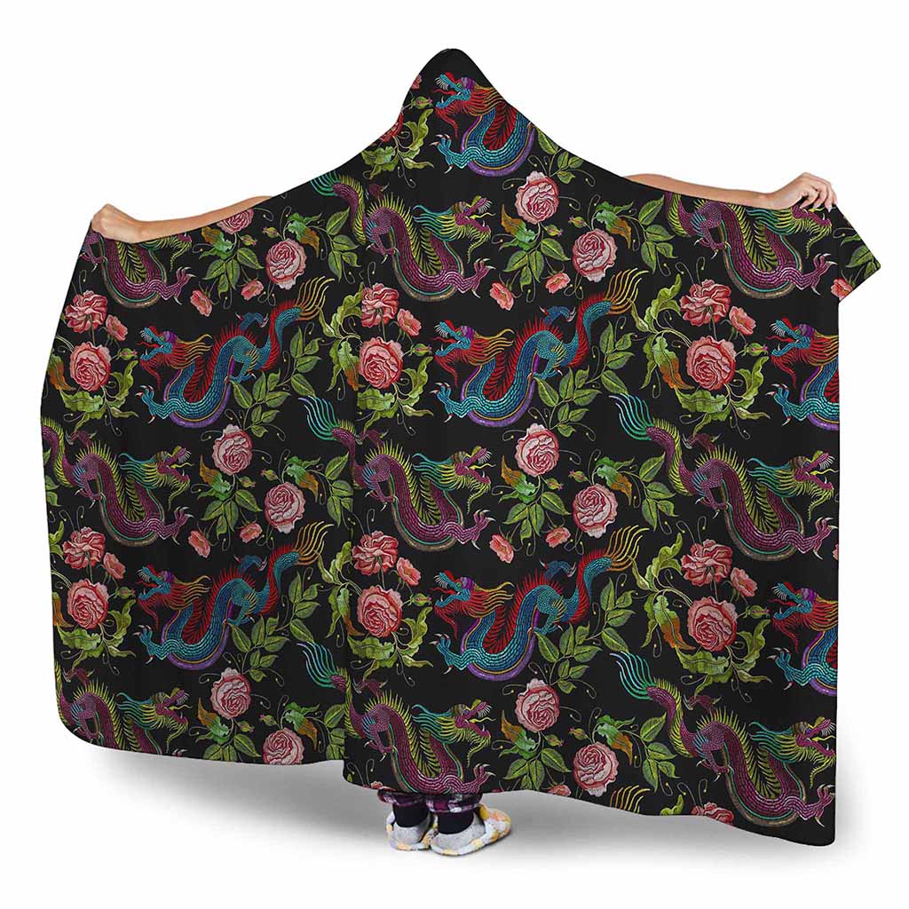 Chinese Dragon Flower Pattern Print Hooded Blanket