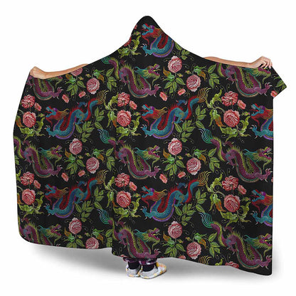 Chinese Dragon Flower Pattern Print Hooded Blanket