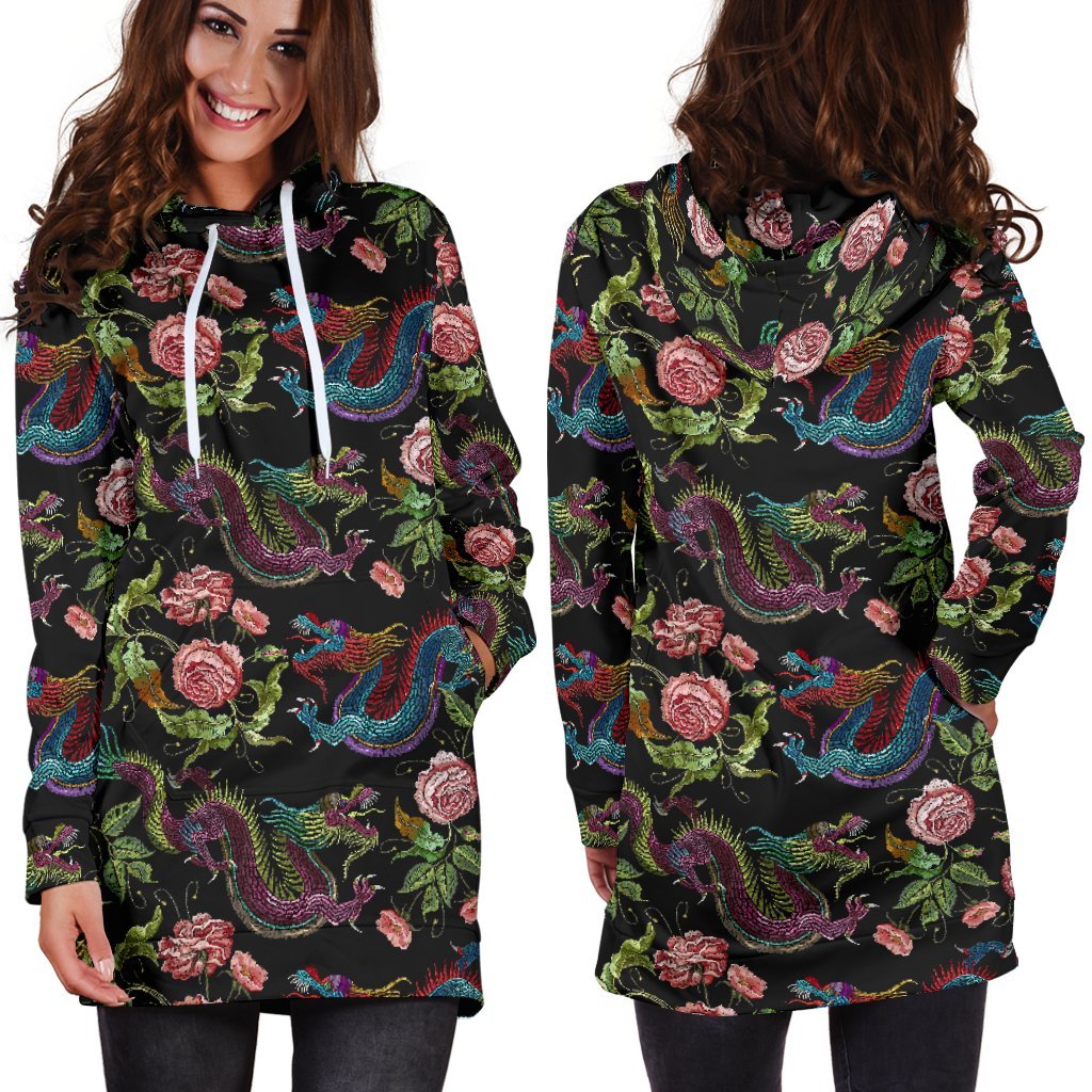 Chinese Dragon Flower Pattern Print Hoodie Dress GearFrost