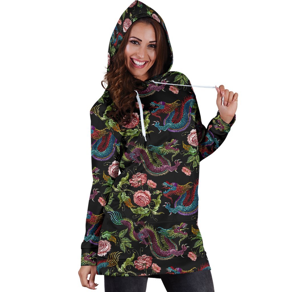 Chinese Dragon Flower Pattern Print Hoodie Dress GearFrost