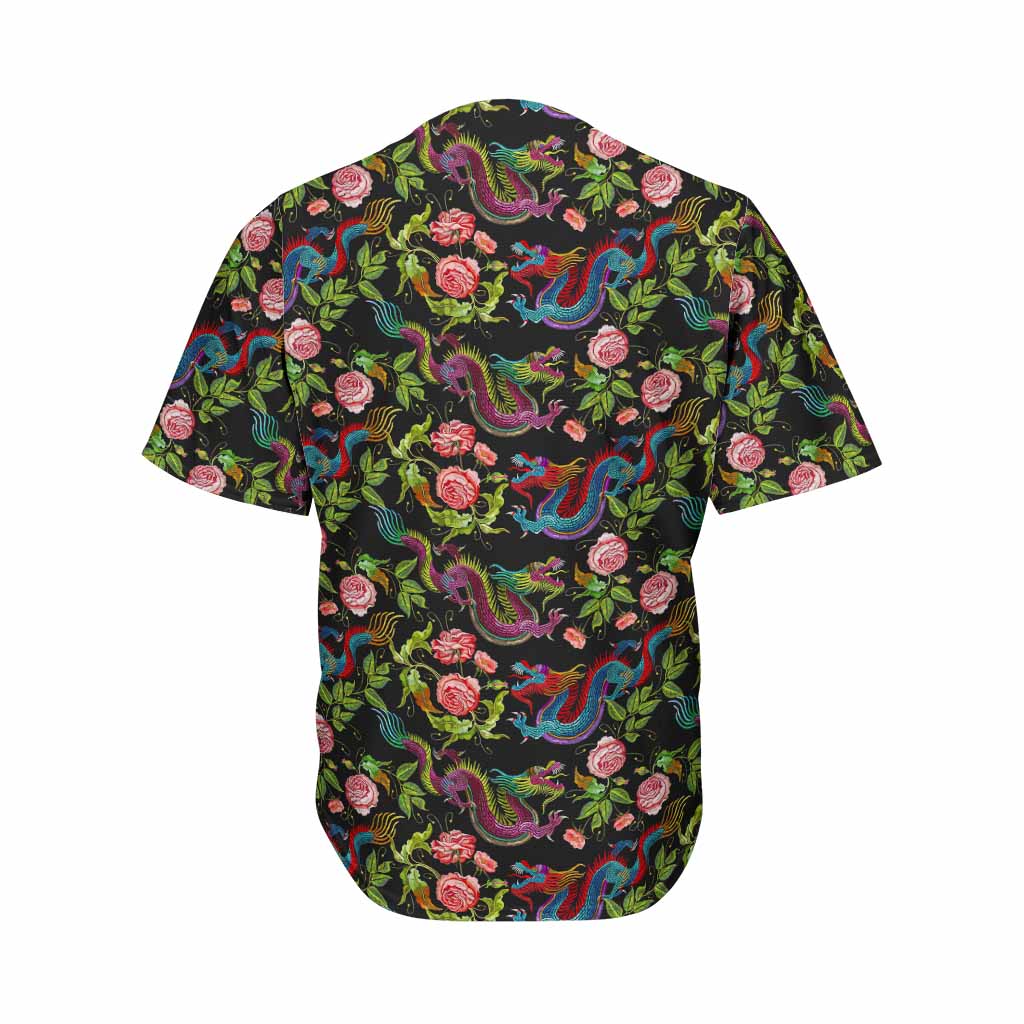 Chinese Dragon Flower Pattern Print Men's Baseball Jersey