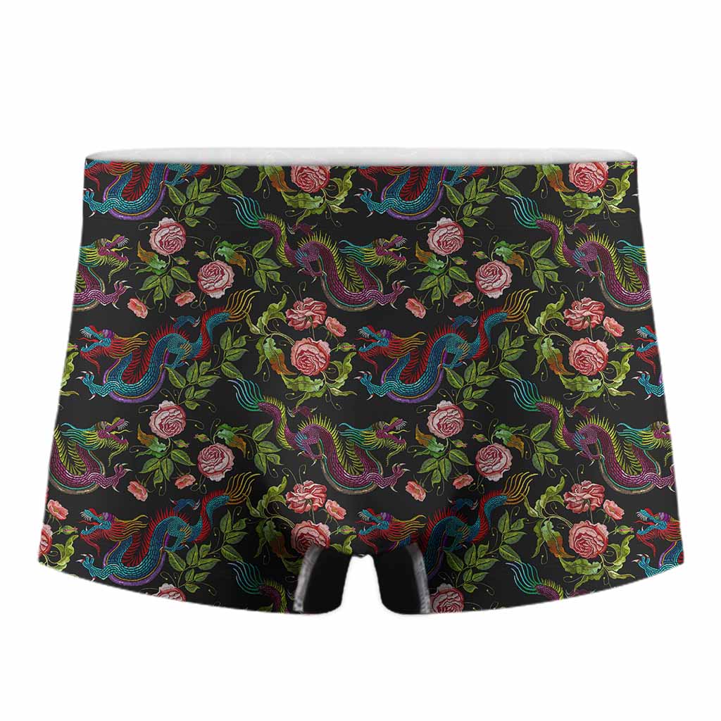 Chinese Dragon Flower Pattern Print Men's Boxer Briefs