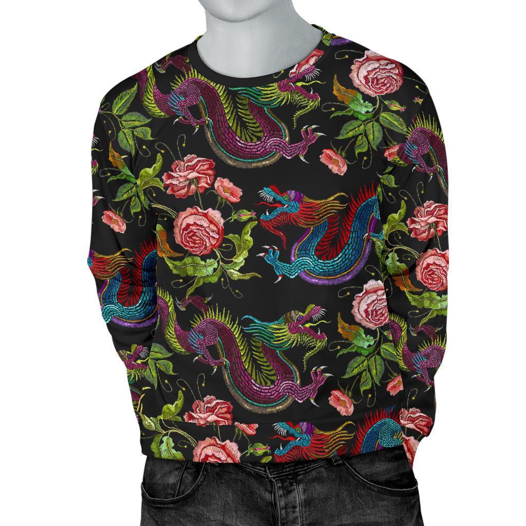 Chinese Dragon Flower Pattern Print Men's Crewneck Sweatshirt GearFrost