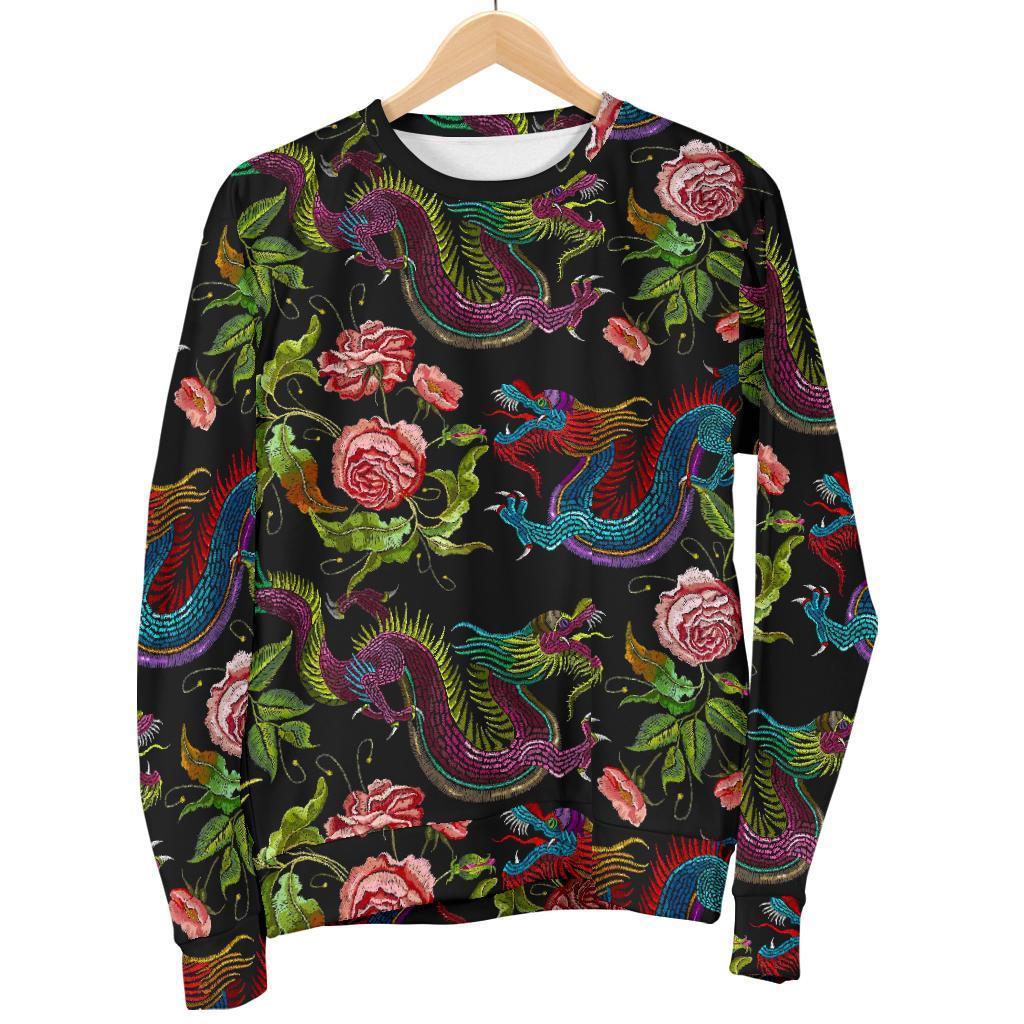 Chinese Dragon Flower Pattern Print Men's Crewneck Sweatshirt GearFrost