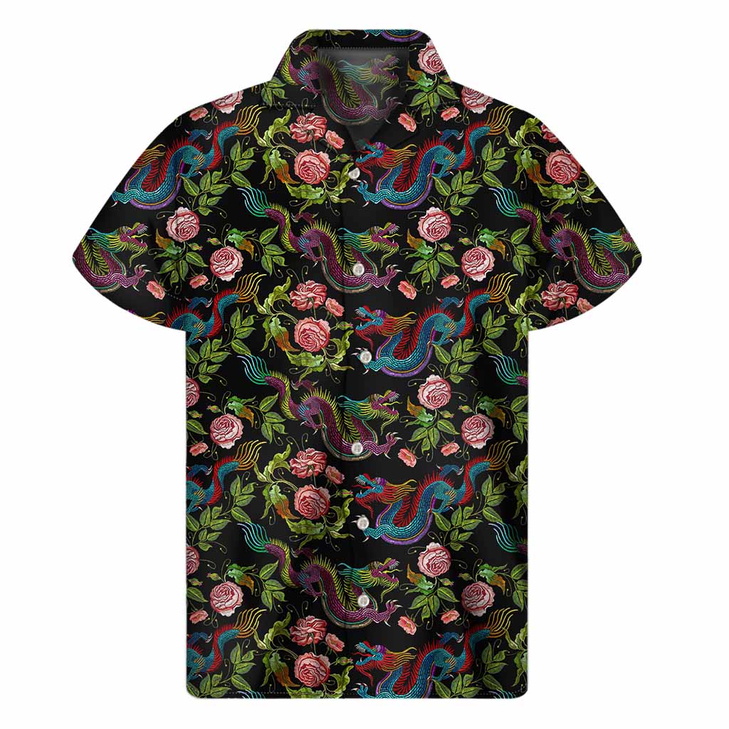 Chinese Dragon Flower Pattern Print Men's Short Sleeve Shirt