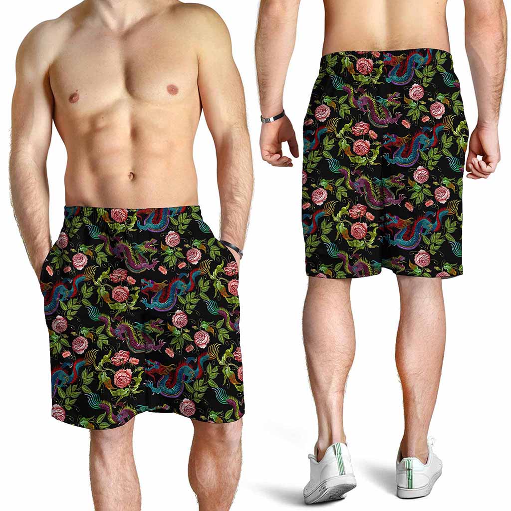 Chinese Dragon Flower Pattern Print Men's Shorts