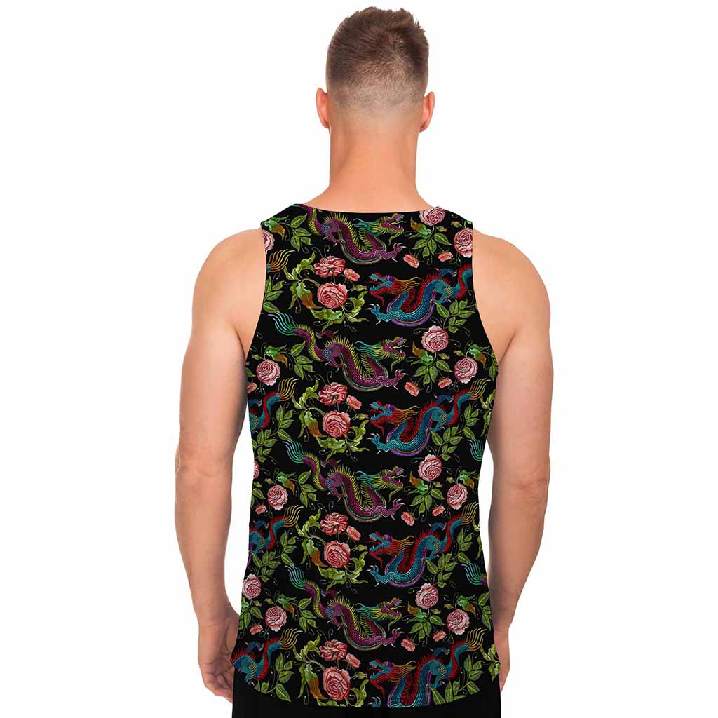 Chinese Dragon Flower Pattern Print Men's Tank Top