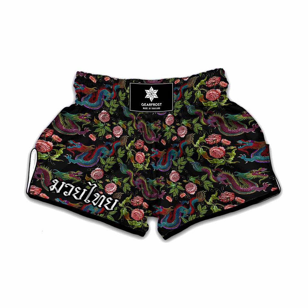 Chinese Dragon Flower Pattern Print Muay Thai Boxing Shorts