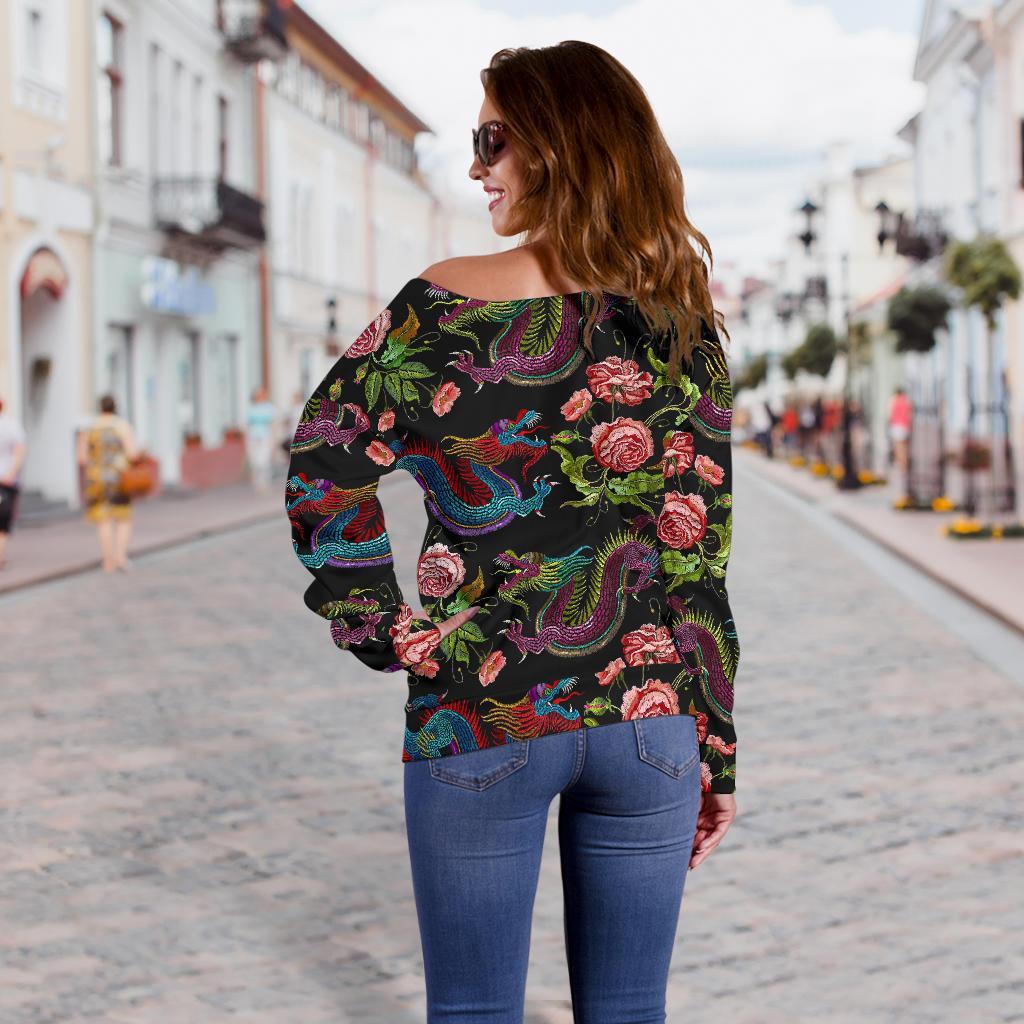 Chinese Dragon Flower Pattern Print Off Shoulder Sweatshirt GearFrost