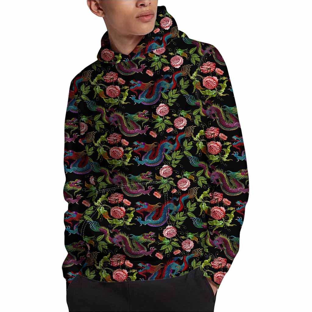 Chinese Dragon Flower Pattern Print Pullover Hoodie