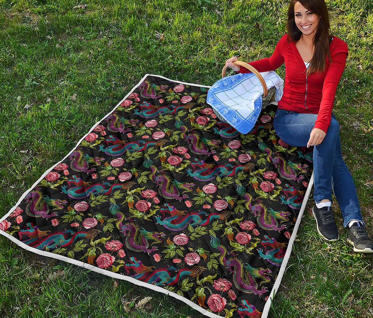 Chinese Dragon Flower Pattern Print Quilt