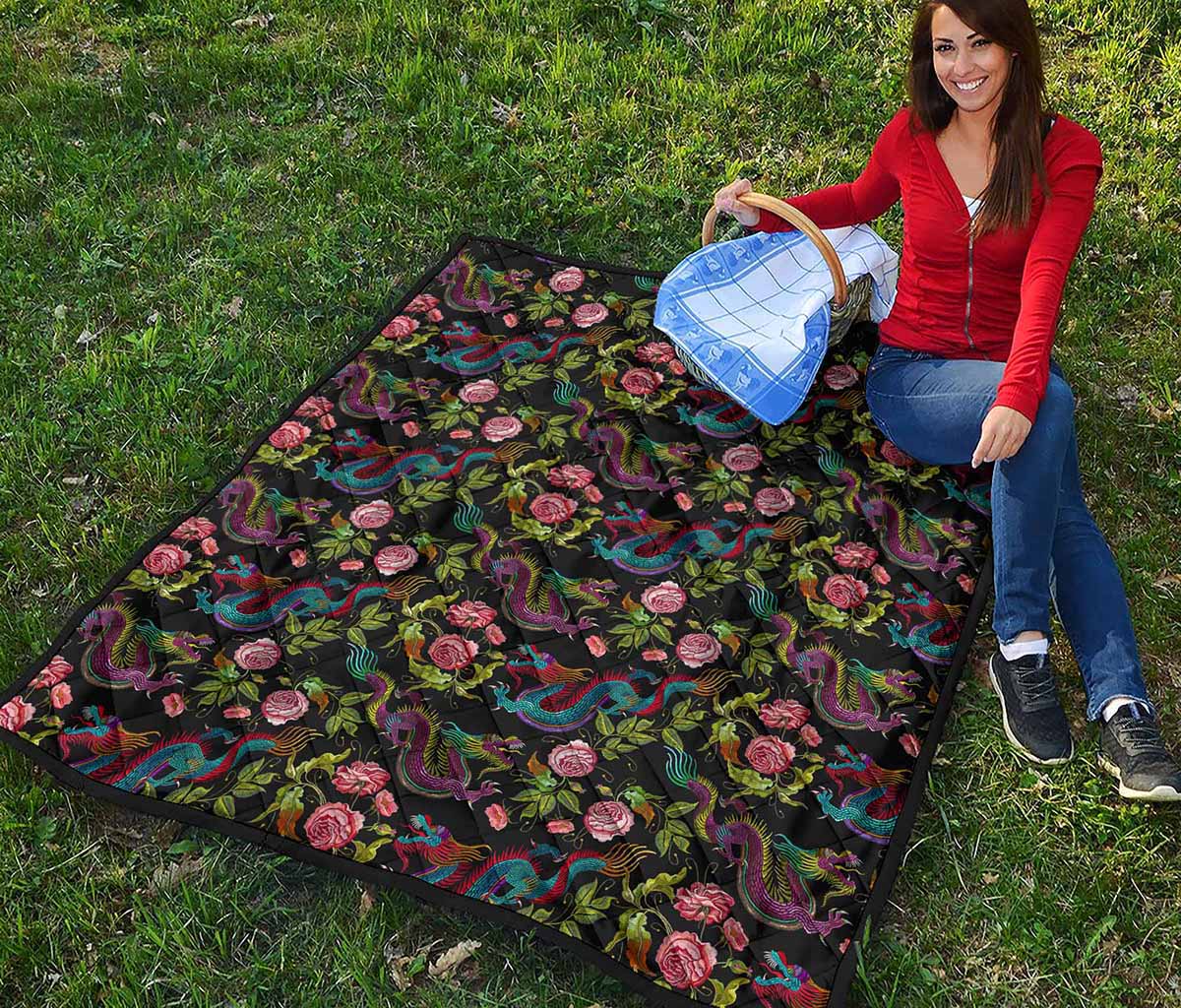 Chinese Dragon Flower Pattern Print Quilt