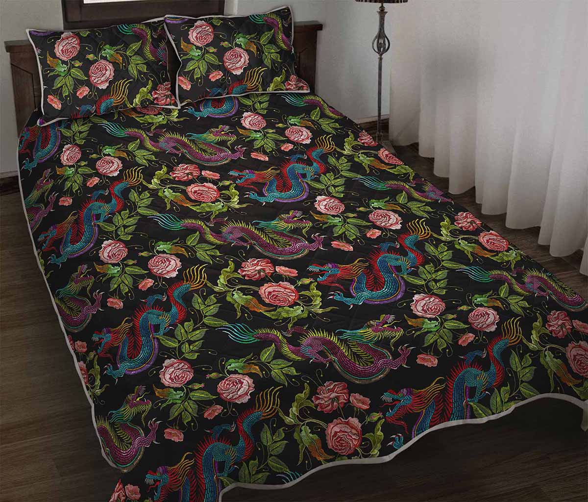 Chinese Dragon Flower Pattern Print Quilt Bed Set