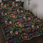 Chinese Dragon Flower Pattern Print Quilt Bed Set