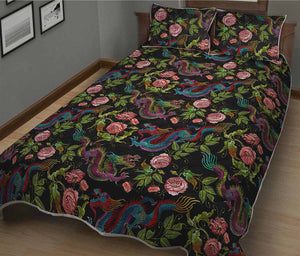 Chinese Dragon Flower Pattern Print Quilt Bed Set