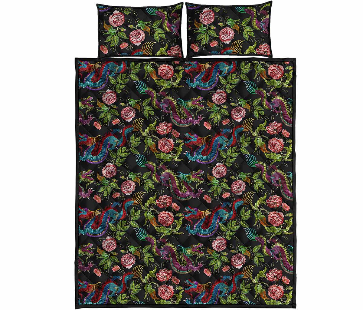 Chinese Dragon Flower Pattern Print Quilt Bed Set