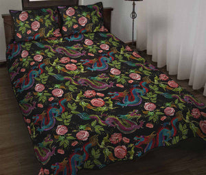 Chinese Dragon Flower Pattern Print Quilt Bed Set