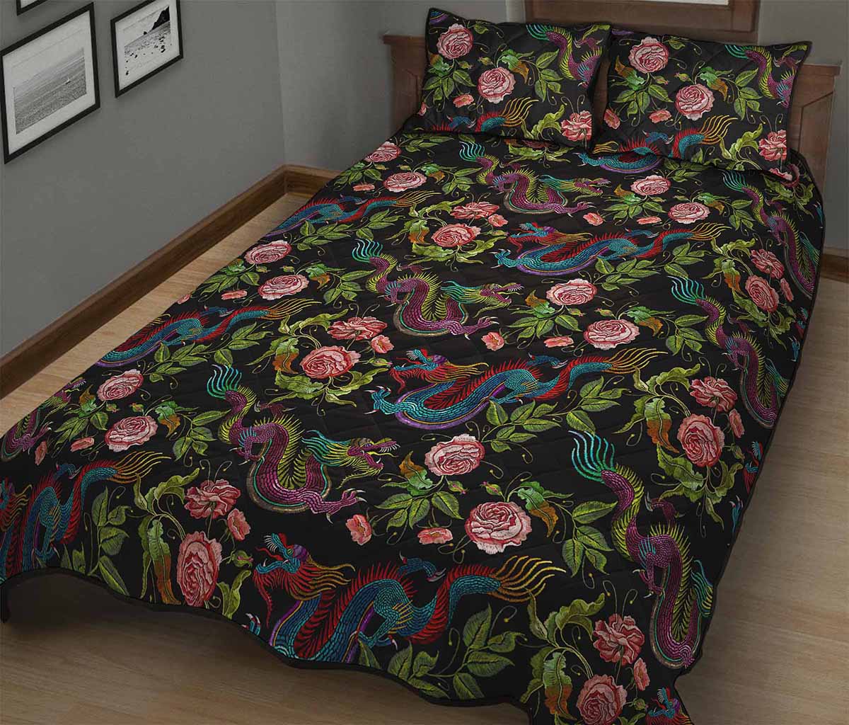 Chinese Dragon Flower Pattern Print Quilt Bed Set