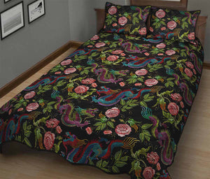 Chinese Dragon Flower Pattern Print Quilt Bed Set