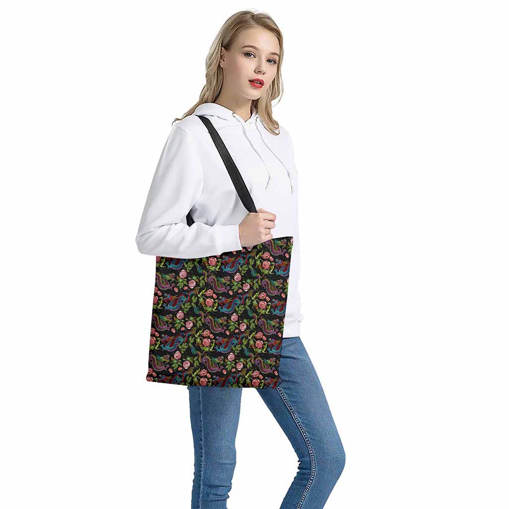 Chinese Dragon Flower Pattern Print Tote Bag