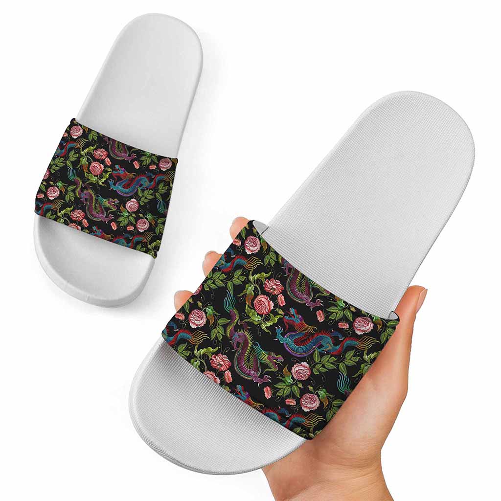 Chinese Dragon Flower Pattern Print White Slide Sandals