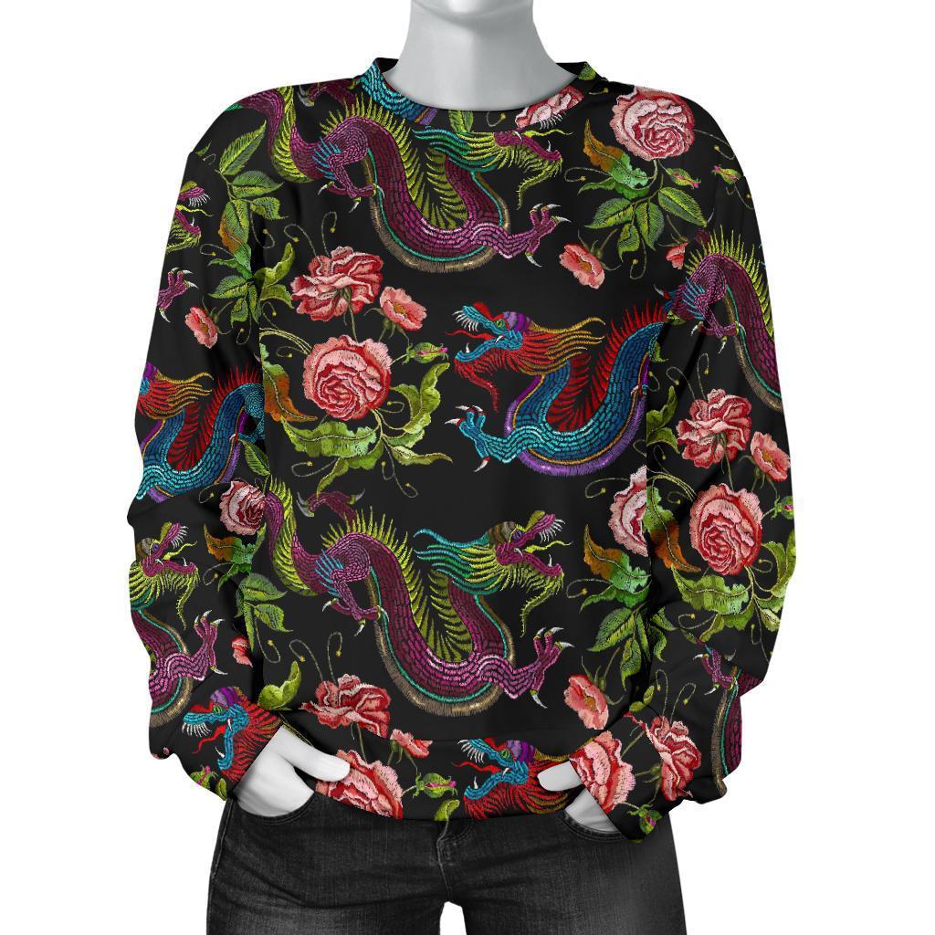 Chinese Dragon Flower Pattern Print Women's Crewneck Sweatshirt GearFrost