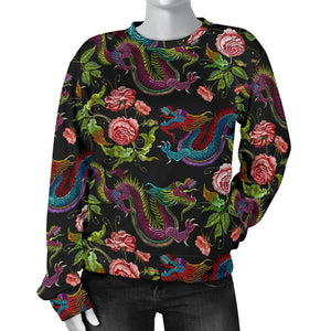 Chinese Dragon Flower Pattern Print Women's Crewneck Sweatshirt GearFrost