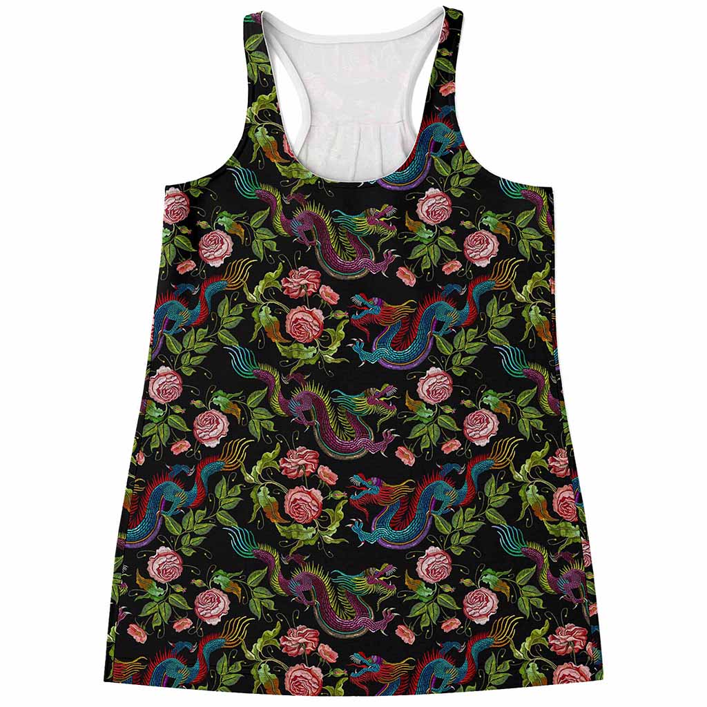 Chinese Dragon Flower Pattern Print Women's Racerback Tank Top