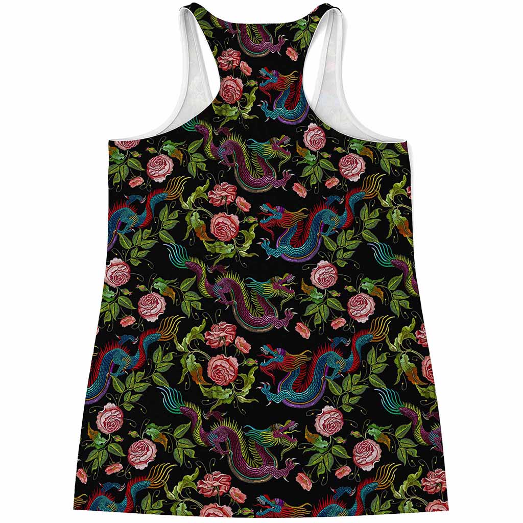 Chinese Dragon Flower Pattern Print Women's Racerback Tank Top