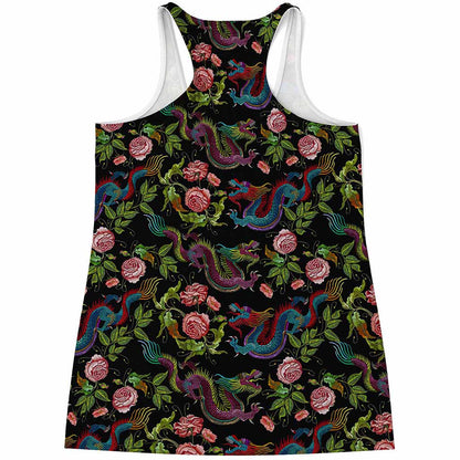Chinese Dragon Flower Pattern Print Women's Racerback Tank Top