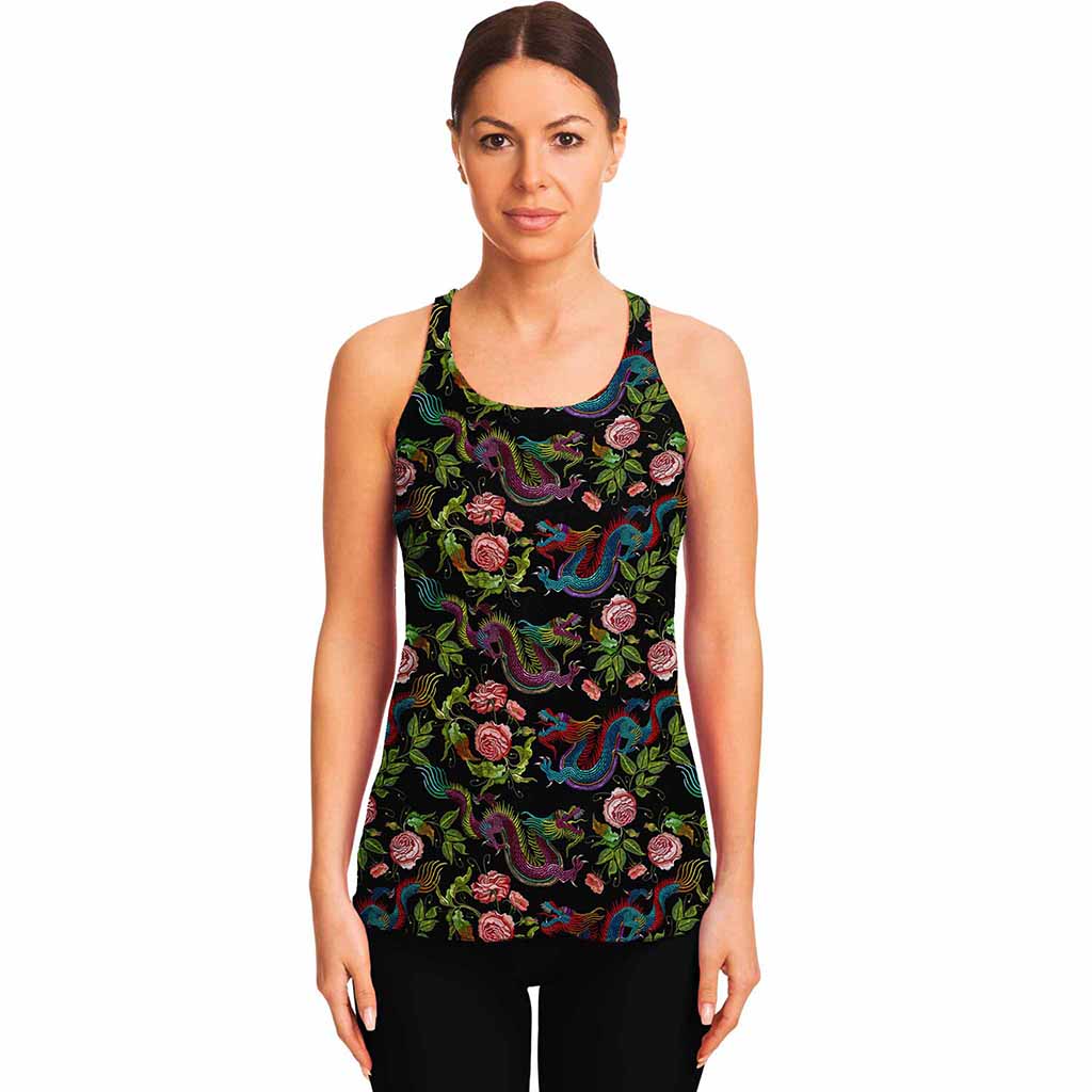 Chinese Dragon Flower Pattern Print Women's Racerback Tank Top