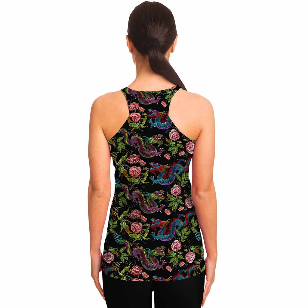Chinese Dragon Flower Pattern Print Women's Racerback Tank Top