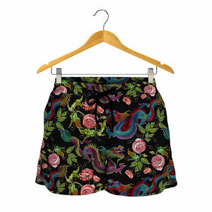 Chinese Dragon Flower Pattern Print Women's Shorts